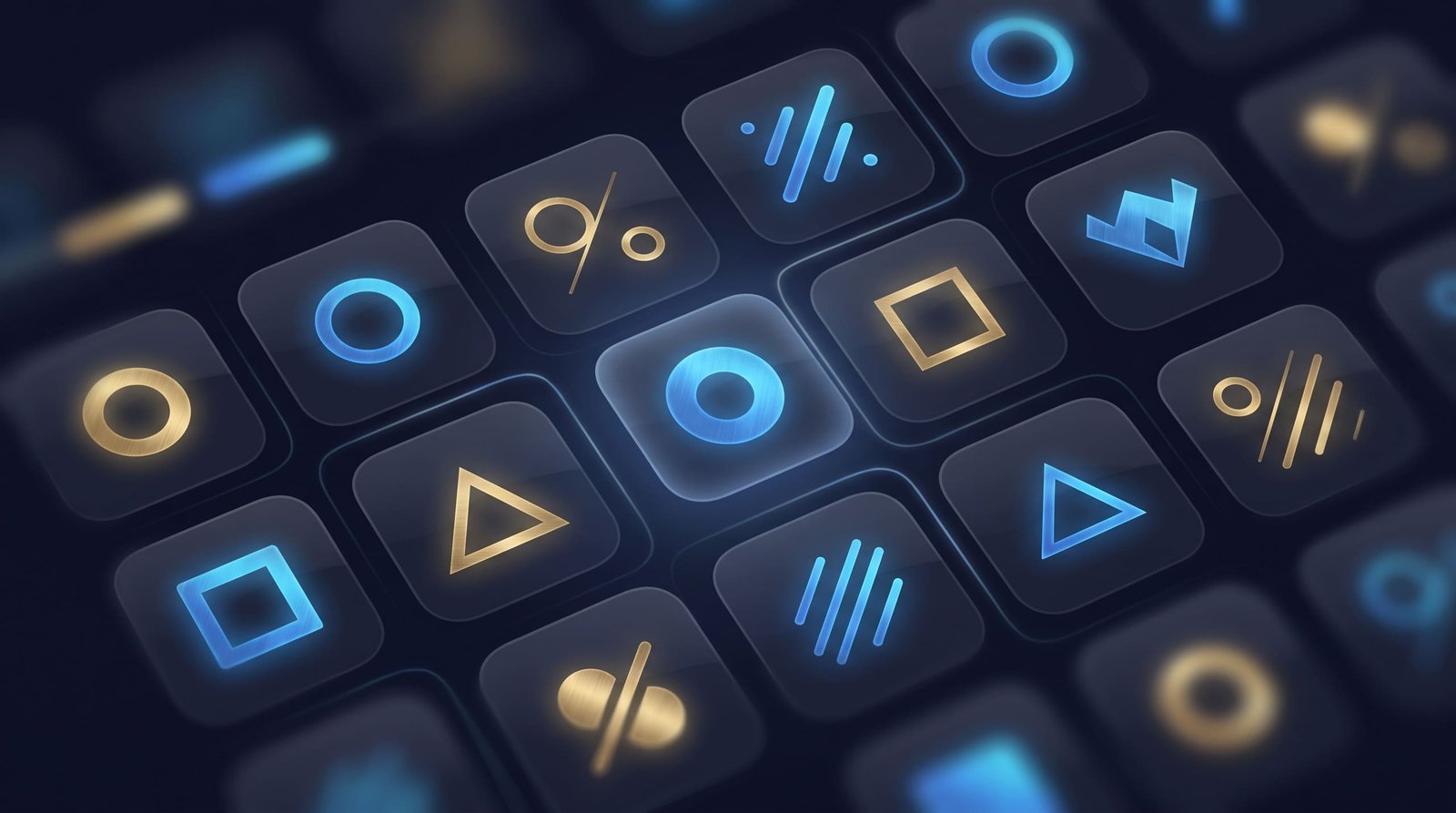 A grid of glowing abstract slot-game tiles arranged like a game lobby.