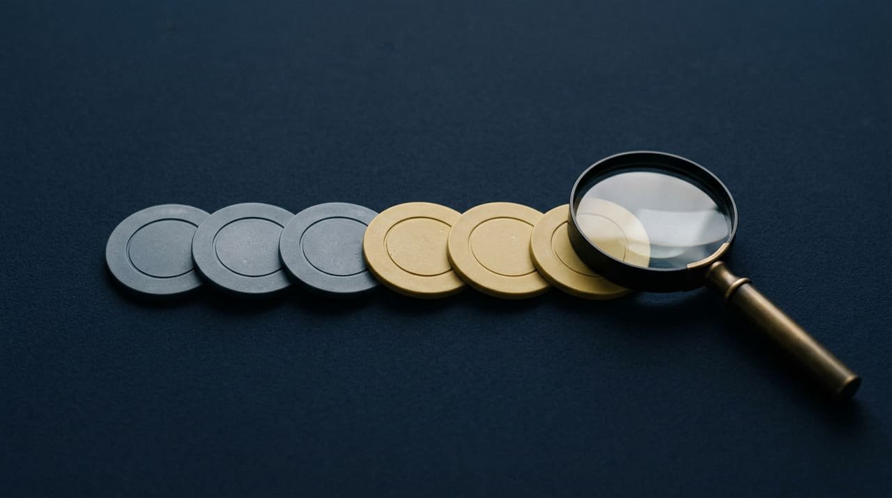 Plain unbranded casino chips arranged beside a magnifying glass on a dark navy surface.