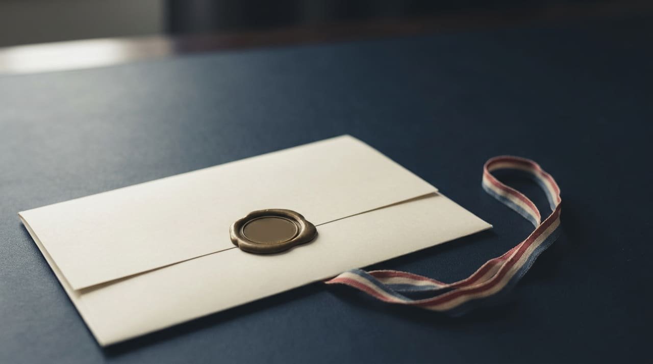 A sealed document folder and a plain ribbon on a dark navy desk.